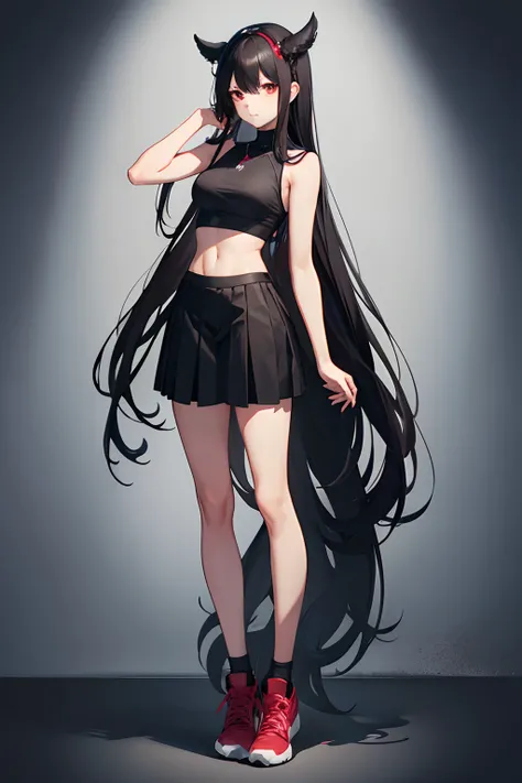 girl wearing sleeveless shirt standing confident, black hair, long hair, black skirt, red eyes, full body, tight fit