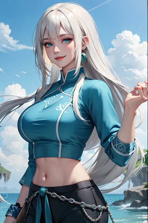 (masterpiece:1.2, best quality), (real picture, intricate details), 1lady, solo, upper body, casual, long hair, minimal makeup, natural fabrics, close-up face, smile, smiling, really long light platinum blonde hair, really long hair, bangs, voluminous hair...