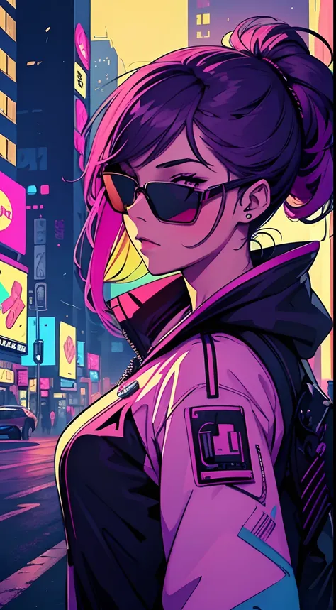 masterpiece, wallpaper, gorgeous,a cool girl wearing sunglasses, cyber, retro art style, neon_pop art, style art style, busy background, cyberpunk city, neon, pink, purple, colorful, vivid colors, crazy,