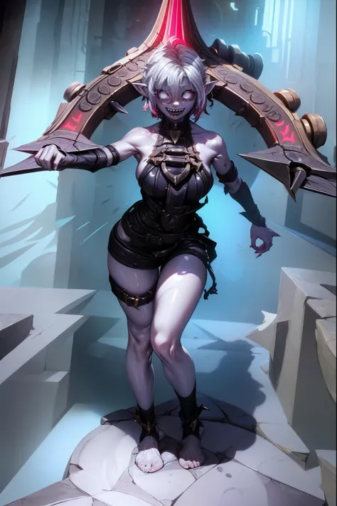 (masterpiece, best quality, ultra-detailed), 1girl, BriarLoL, grey skin, white hair, short hair, (pointy ears, sharp teeth), looking at viewer, standing, full body, standing