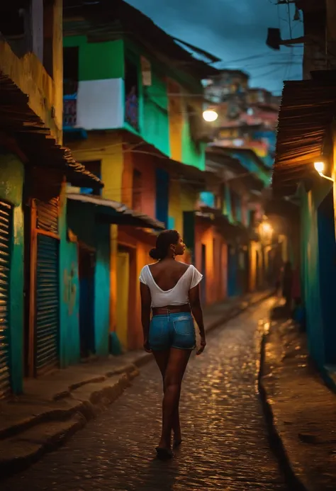 NOITE, BECO, No escuro，Memories never end, FAVELA, PERIFERIA, BRASIL, a woman standing in the middle of the street