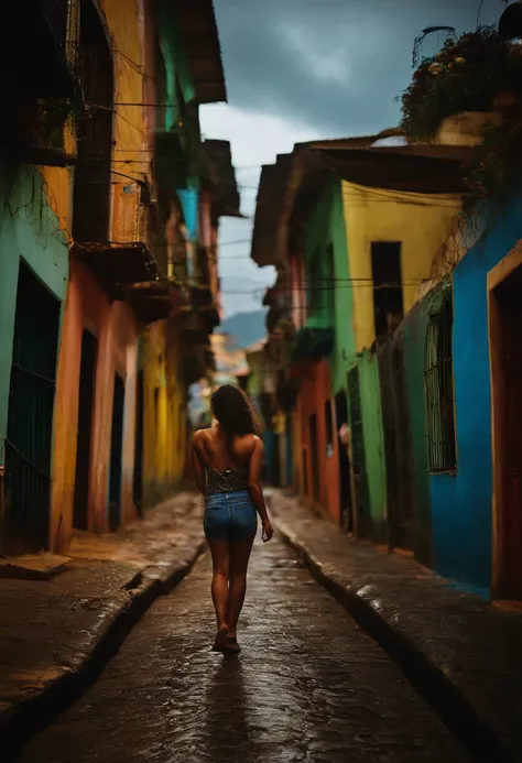 NOITE, BECO, No escuro，Memories never end, FAVELA, PERIFERIA, BRASIL, a woman standing in the middle of the street