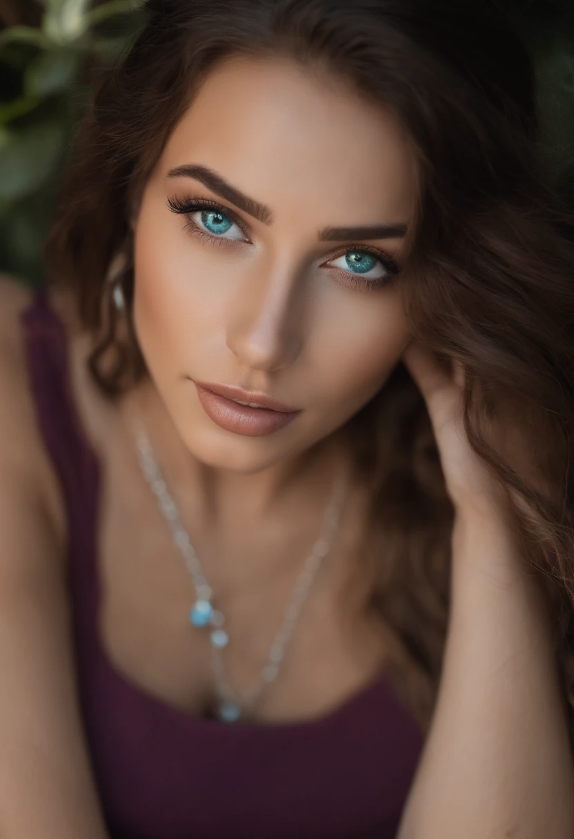 Arafed woman with a white tank top and necklace, fille sexy aux yeux bleu, arabe, Portrait Sophie Mudd, cheveux bruns et grands yeux, selfie of a young woman, Yeux de chambre, Violet Myers, sans maquillage, maquillage naturel, looking straight at camera, V...