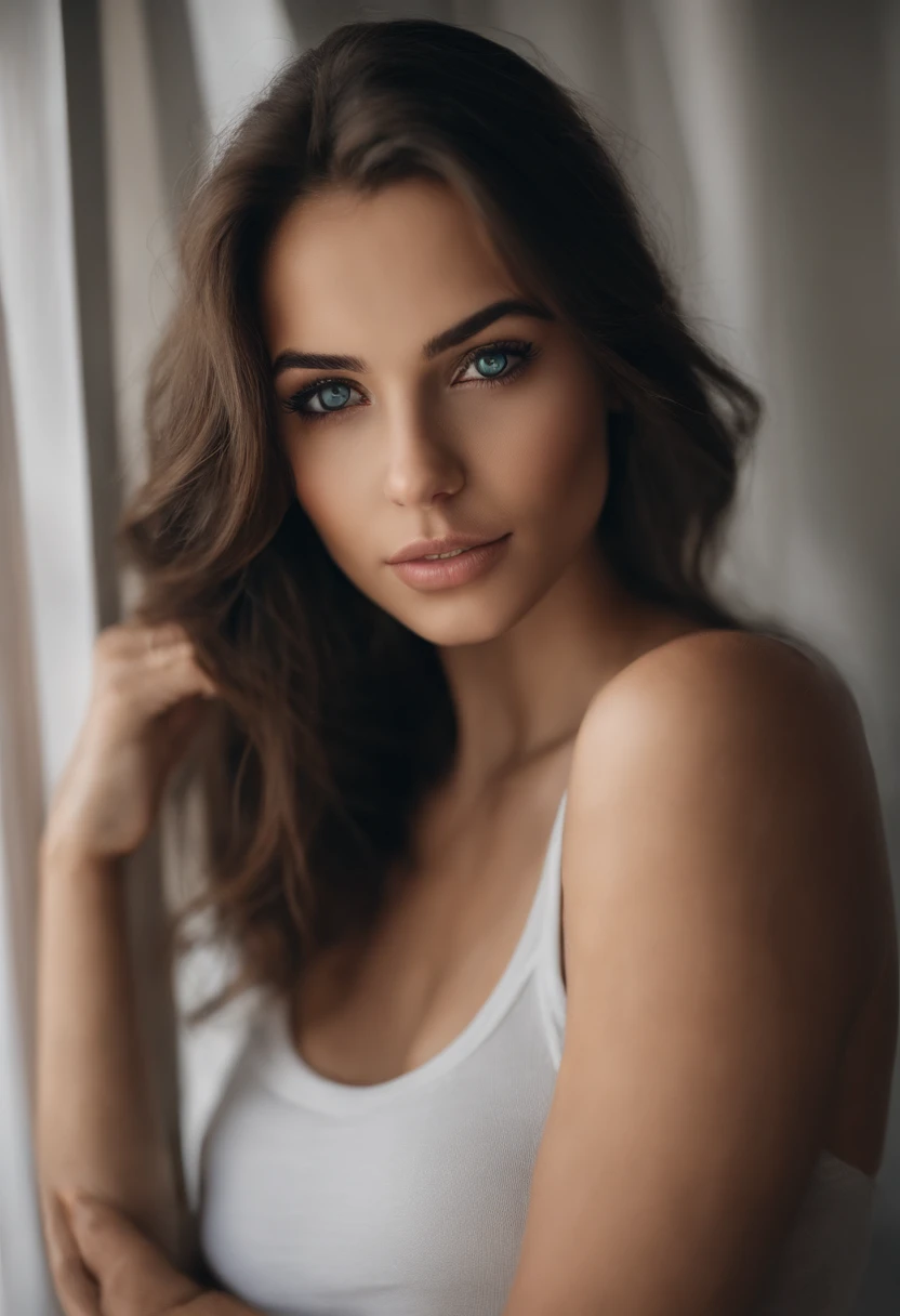 Arafed woman with a white tank top and necklace, fille sexy aux yeux bleu, Arabe, Portrait Sophie Mudd, cheveux bruns et grands yeux, selfie of a young woman, Yeux de chambre, Violet Myers, sans maquillage, maquillage naturel, looking straight at camera, V...