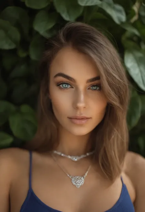 Arafed woman with a white tank top and necklace, fille sexy aux yeux bleu, Arabe, Portrait Sophie Mudd, cheveux bruns et grands yeux, selfie of a young woman, Yeux de chambre, Violet Myers, sans maquillage, maquillage naturel, looking straight at camera, V...