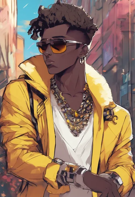 dark skin guy wearing yellow sunglasses black fur-trimmed coat over a dress shirt, and a beaded necklace. trigger anime artstyle, [[[[grinning evily]]]], portrait of ((mischievous)), , male anime character, young anime man, inspired by Miguel from Tekken, ...