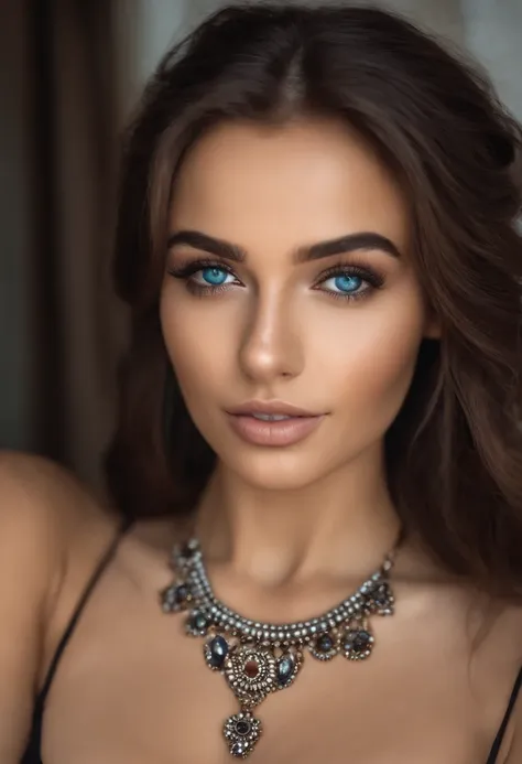 Arab woman with a white tank top and necklace, fille sexy aux yeux bleu, Arabe, Portrait Sophie Mudd, cheveux bruns et grands yeux, selfie of a young woman, Yeux de chambre, Violet Myers, sans maquillage, maquillage naturel, looking straight at camera, Vis...