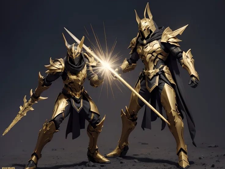 (action figure of Anubis warrior in a warframe style armor with a golden spear), (gold, black, and silver color scheme), (Anubis themed armor with dark black flowing cloak), plastic material with metallic coating, (desolate desert with pyramid background),...