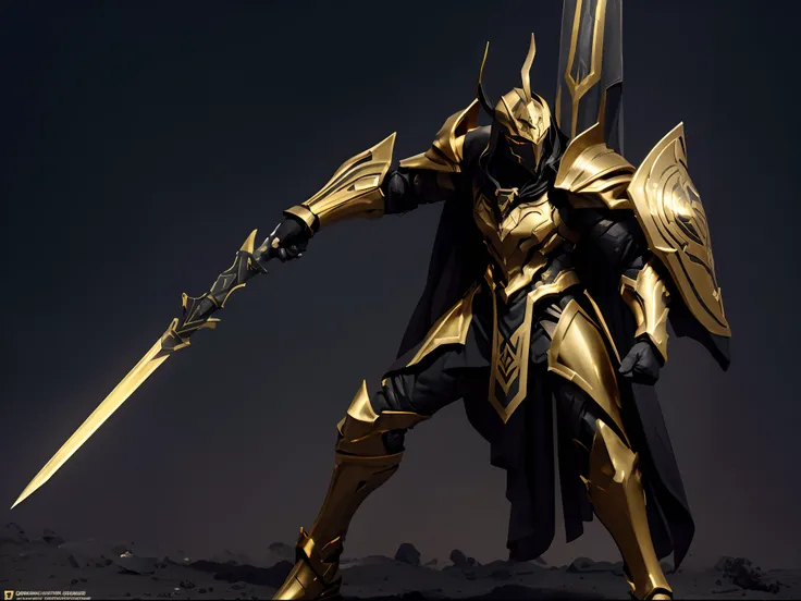 (action figure of Anubis warrior in a warframe style armor with a golden spear), (gold, black, and silver color scheme), (Anubis themed armor with dark black flowing cloak), plastic material with metallic coating, (desolate desert with pyramid background),...