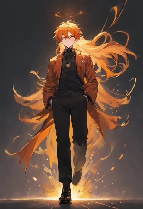 Benedick Bana STYLE DRAWING, MALE, KUNG FU ARTIST, has very long orange hair and red or orange eyes, wears his purple sunglasses, dressed in a  a long black trenchcoat with shred at the edge, a black turtleneck shirt, matching pants and shoes. , Scott Adam...