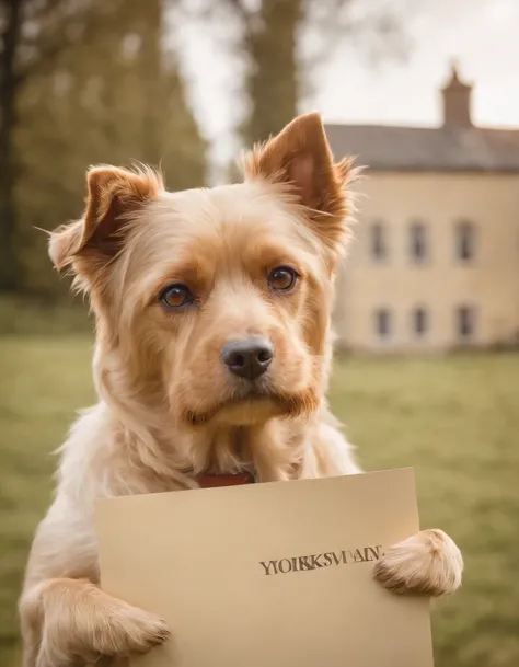 Yorkshire gold dust dog holding a poster