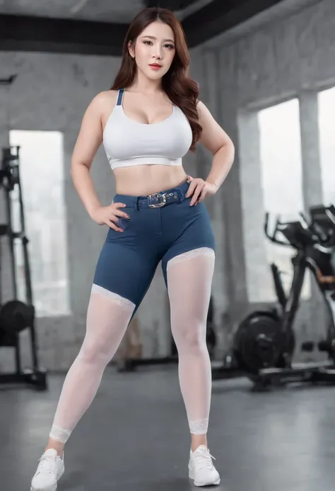 28 year old，Chinese woman,(pink sports bra),(Blue yoga pants),pony tails,Taking, Hold a dumbbell,bended forward,cleavage,in  the gym,(Indoor light),(Photorealistic),(Best quality), (Masterpiece), (A high resolution), Original, Extremely detailed 8k wallpap...