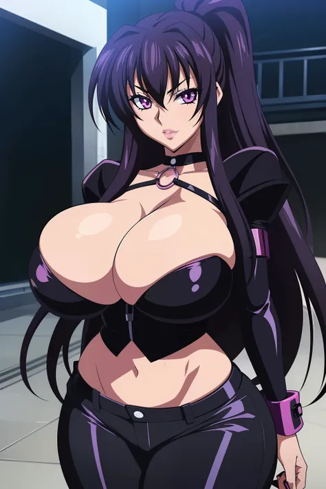 Highschool dxd, Raynare, 1girl, ((bimbo))), long black hair, purple eyes, puffy lips, painted lips, thick lips, wide hips, thick thighs, enormous fake breast, huge ass, erotic face , black jeans, Black bra , perky , shiny skin, breasts squeezed together, e...