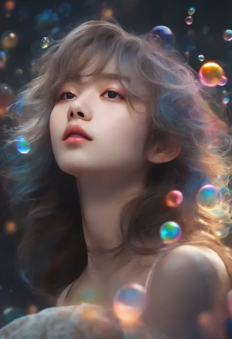 Xingqiu (masterpiece), (best quality), (ultra detailed),(disheveled hair),(illustration), (1boy), beautifuldetailedeyes,delicate beautiful face,Floating,(high saturation),(colorful splashes),colorful bubble,(shining),focus on face