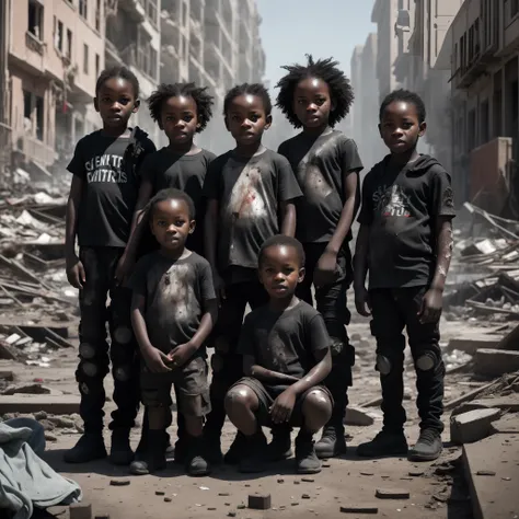 eight black children in a destroyed city in a dystopian future, sci-fi, dirty clothes, futuristic look, dirty and wounded faces, 8k, masterpiece, high detail, photorealism.