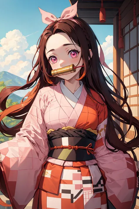 ((masterpiece)), nezuko, 1girl, bamboo, bit gag, brown hair, checkered sash, gag, gagged, gradient hair, hair ribbon, haori, japanese clothes, kimono, long hair, looking at viewer, multicolored hair, orange hair, pink eyes, pink kimono, pink ribbon, ribbon...