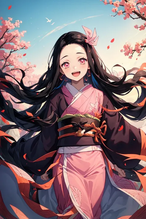 (((masterpiece))), nezuko, 1girl, black hair, forehead, hair ribbon, japanese clothes, kimono, long hair, multicolored hair, open mouth, pink eyes, pink kimono, pink ribbon, ribbon, smile, very long hair, sky,