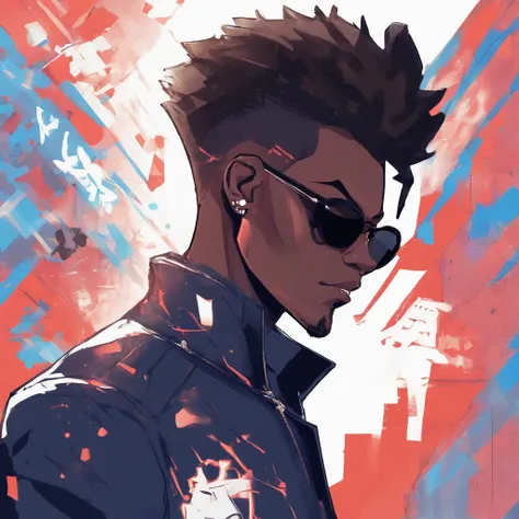 dark skin teenager wearing dark blue sunglasses, black fur-trimmed coat over a dress shirt, and a beaded necklace. trigger anime artstyle, [[[[grinning evily]]]], portrait of ((mischievous)), , male anime character, young anime man, inspired by Miguel from...