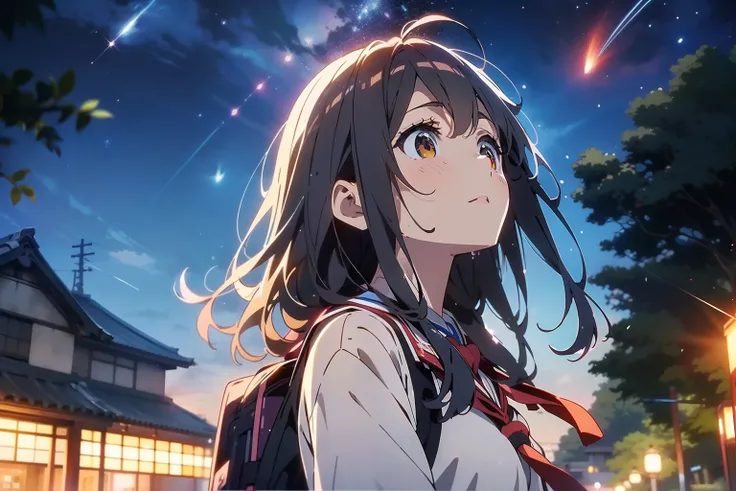 8K、top-quality、​masterpiece、ultra-detailliert、超A high resolution、(((Anime style)))、1 woman、Japan High School Student Uniform、A dark-haired、background night sky、Meteor swarm、look up to