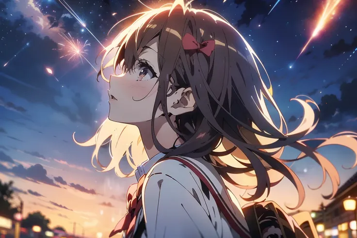 8K、top-quality、​masterpiece、ultra-detailliert、超A high resolution、(((Anime style)))、1 woman、Japan High School Student Uniform、A dark-haired、background night sky、Meteor swarm、look up to