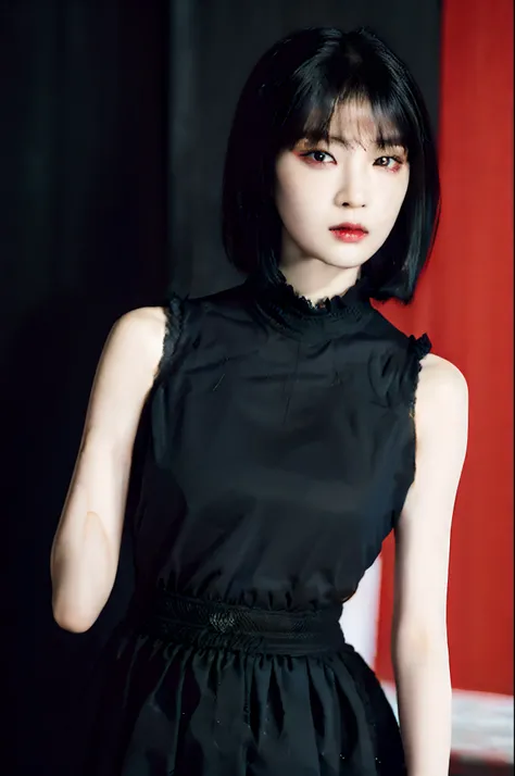 (demon girl,pale girl,masterpiece:1.2,best quality,ultra-detailed,half body,black hair,short hair:1.1,fringe:red eyes:1.1,black dress,human style:1.1,chanel hair:1.1,red eyes,accessories,gothic style:vivid colors)