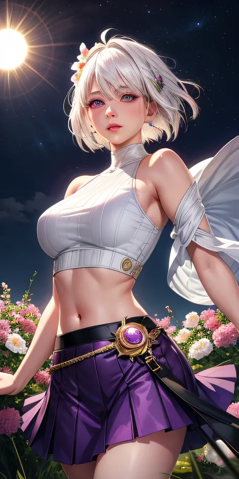 realistic, 1girl, white hair, purple eyes, glowing eyes, crop top, skirt, parted lips, blush, night, flowers, sun, sunlight,