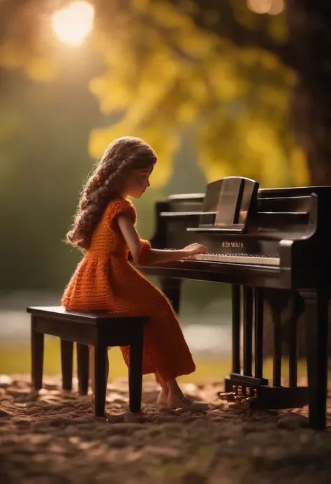 crochet figures, a girl sit on bench, in a scene of pure kindness, colors blend and greet, (playing piano)