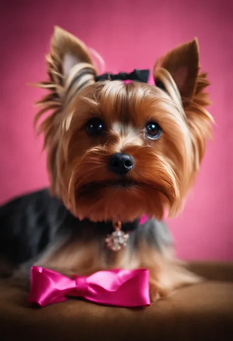 Knife a 2kg Golddust Yorkshire Terrier Dog, femea, usando chapeu rosa e segurando um papel nas patas da frente