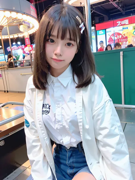 Top quality, ultra high resolution, (photorealistic: 1.4), one girl, oversized jacket, white shirt, riding the Ferris wheel, stiff shoulders, cute, (Jpop idol), (aegyo sal:1), (brown-haired: 1), (puffy eyes), looking at the viewer, facing the front, smilin...