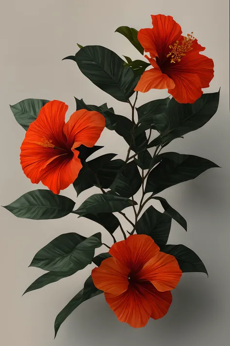 there are two orange flowers on a branch with green leaves, on a gray background, blooming tropical flowers, beautiful tropical flowers, hibiscus flowers, flower, large exotic flowers, hibiscus, tropical flowers, tropic plants and flowers, red blooming flo...