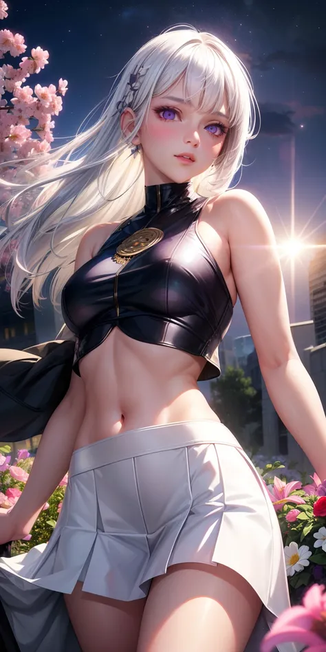 realistic, 1girl, white hair, purple eyes, glowing eyes, crop top, skirt, parted lips, blush, night, flowers, sun, sunlight,