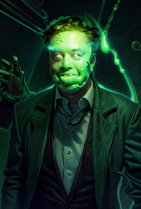 Elon Musk a green creature with a big mouth and a big smile, slimer, monster slime, green slime, gelatinous with a smile, drooling goo, slimey, cgsociety), dripping green slime, monster slimy, slimy, cartoon creature, by Patrick Brown, closeup!!!!!!, cgsoc...