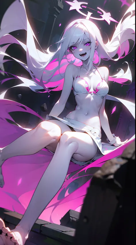 1girl,solo,glowing magenta eye,colored sclera,white hair, long hair,(pale skin,extremy white skin,hair over one eye,halo pink), sharp teeth, open mouth,(medium breasts),((white bra,white bikini,hidden arms,white skirt,bare feet,villain,psycho,villain smile...