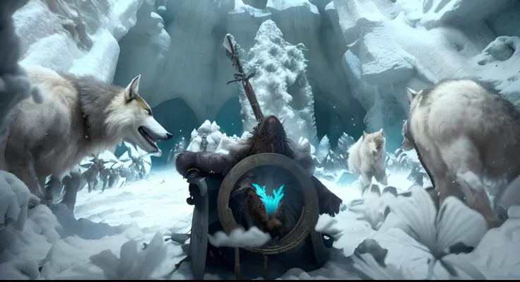 There are two wolves that are standing in the snow, em um trono gelado, chronicles of narnia, sentado no trono de gelo, em um trono de cristais, narnia, montando um lobo prateado gigante, Ventos de inverno, em uma caverna gelada, Arte de Game of Throne, ca...