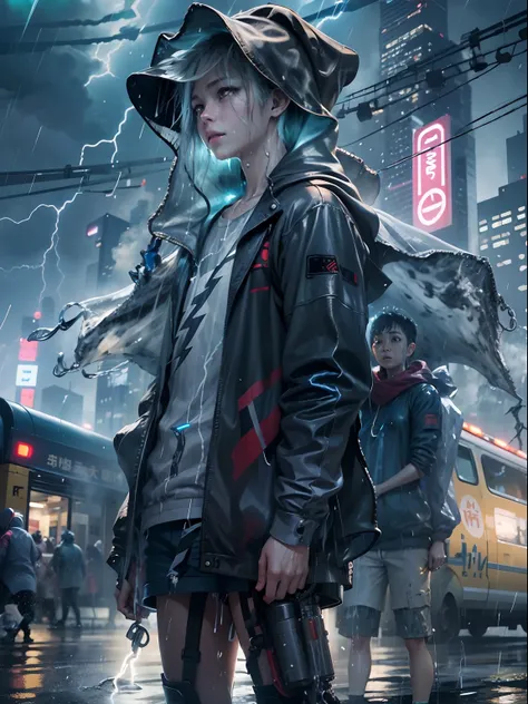 1boy,a 13 yo boy、Wet body、Cyberpunk Boy、The beginning of the adventure、(drenching:2)、(Lightning:1.5)、Lots of clouds,heavy fog、Fog,Chaotic city of the future、Movie dystopia、A group of very tall skyscrapers stands in the center、Very complex cityscape,Crowded...