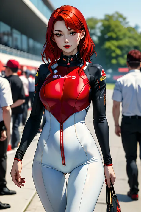 (​masterpiece:1.4)、(top-quality:1.4)、
1girl in, F1s bewitching grid girl, Red-haired, looking at the viewers, 独奏 ,realisitic,(shinny skin),(​masterpiece:1.4),(top-quality:1.4),red-lips、racing venue, bodysuit, thigh gap, perfect hands