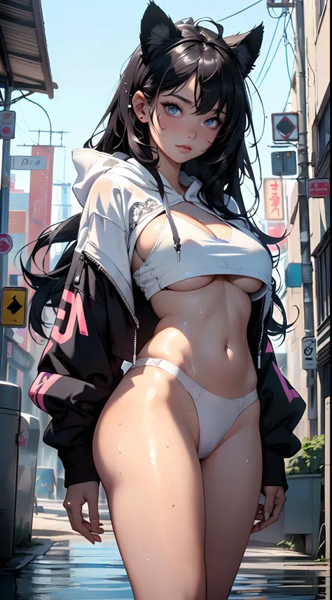 girl spacepunk,(((1girl))),((beautiful girl with cute cat ears)),

(large breasts:1.4),saggy breasts,((black hair,black messy hair,colored inner hair,long hair:1.5,absurdly long unkempt hair:1.35,long black hair,ear breathing,intricate cut hair)),((((cat e...