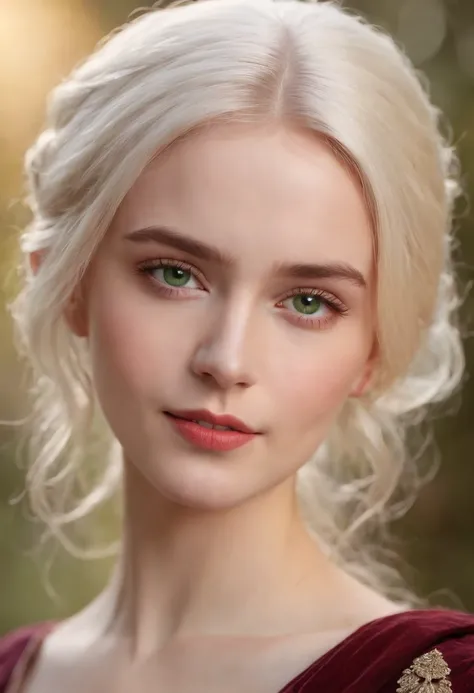 (((a deep reddish scar crosses her left cheek))) fair complexion, woman around 19 years old, natural white hair, distinctive green eyes, wearing kohl, slender and graceful, beautiful, candlelight in a medieval setting, large smile,ultra sharp focus, realis...