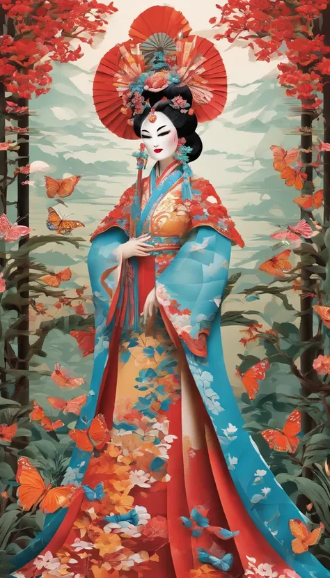 A woman dressed in a Peking Opera costume, Butterflies in the garden, Detailed environment, (Best quality, Ultra-detailed, Realistic:1.37), Vivid colors, Soft lighting, Oil painting style