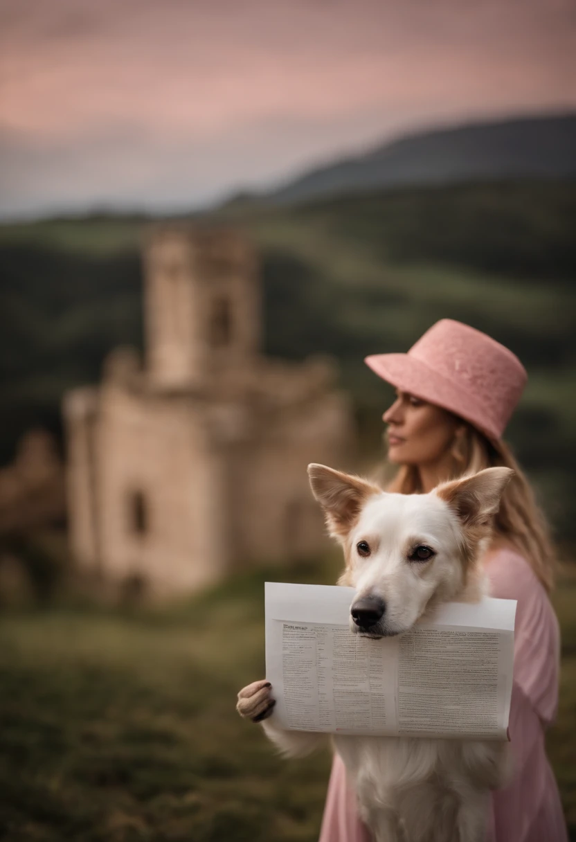 Make a female dog that weighs 1kg, and Golddust Yorkshire breed, wearing an embroidered pink lace hat and holding a large paper in front of her body, com as duas patas dianteiras