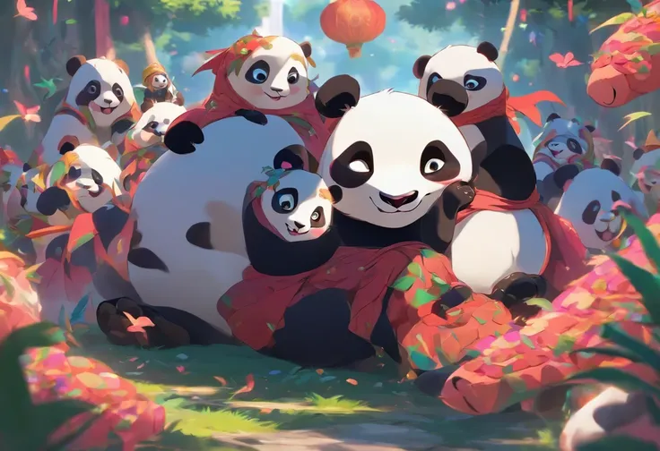 ３Full-body pandas make friends with dragons，Has big eyes，Blushlush，lazy，greet, 。.。.。.3D, 4K