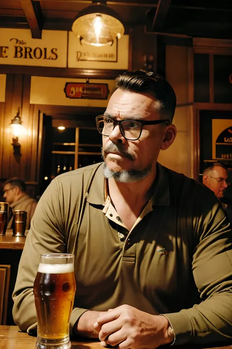 guttoepic2, Capture a vintage-style photograph of a man wearing glasses, enjoying a beer at an English pub counter. Pay attention to (((intricate details))) to evoke the charm of a bygone era. Achieve (((extreme quality))) in recreating the atmosphere of a...