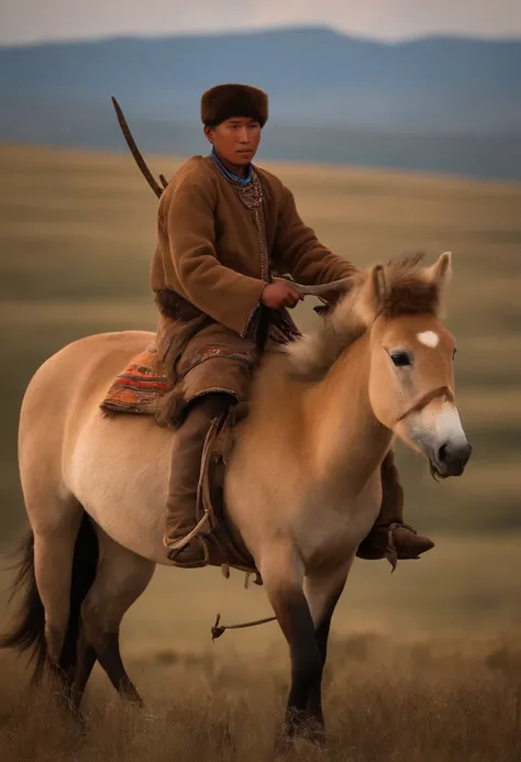 15 year old Yamnaya tribesman with a bronze axe riding Przewalskis horse in the Steppes.