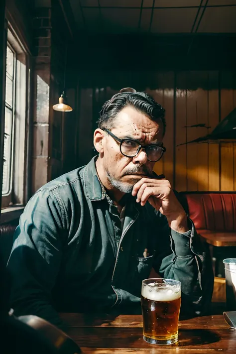 guttoepic2, Capture a vintage-style photograph of a man wearing glasses, looking ((sad and discontent)), with tears in his eyes, sitting alone at an English pub counter, holding a beer. Pay attention to (((intricate details))) to convey the depth of his em...