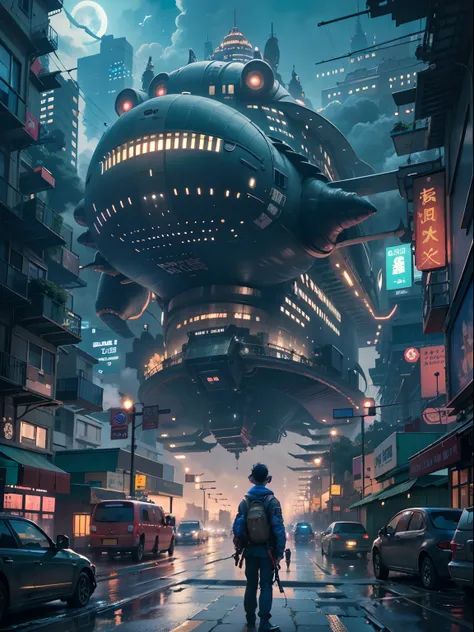 1boy,a 13 yo boy、Cyberpunk Boy、katanas,machine gun、Whole body bloody、The beginning of the adventure、Lots of clouds,heavy fog、starrysky、Moon,Chaotic city of the future、Movie dystopia、(Giant airship:1.5)、A group of very tall skyscrapers stands in the center、...