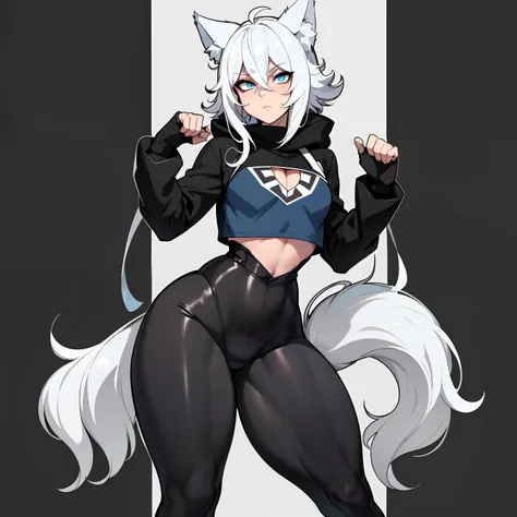 Single boy, Anime Femboy, Short, Long white hair, wolf ears, wolf tail, blue eyes, black combat boots, flat chest, super flat chest, solo femboy, only one femboy ((FLAT CHEST)), wide hips, thicc thighs, happy, crotch bulge (CROTCH BULGE), yoga leggings, we...