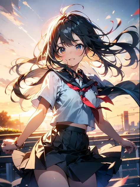 in 8K、top-quality、​masterpiece、ultra-detailliert、Ultra-high resolution、Anime style、1 High School Girl、校服、heavy wind、Check skirt、Skirt flipping in the wind、((Holding the flipping skirt with your hand))、(Impatient)