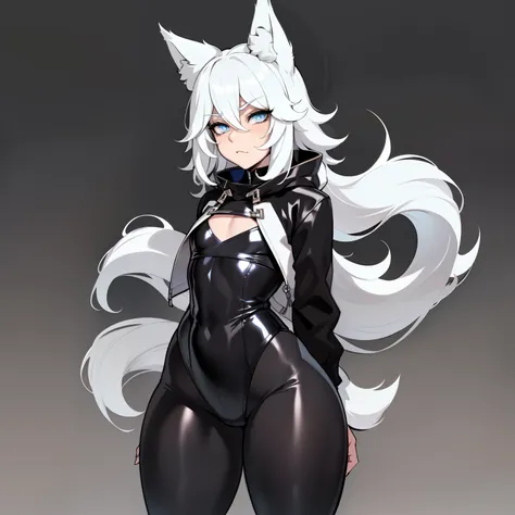 Single boy, Anime Femboy, Short, Long white hair, wolf ears, wolf tail, blue eyes, black combat boots, flat chest, super flat chest, solo femboy, only one femboy ((FLAT CHEST)), wide hips, thicc thighs, happy, crotch bulge (CROTCH BULGE), yoga leggings, we...