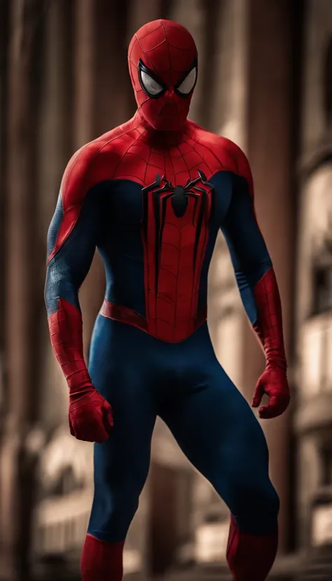 Homem aranha,realista,hiper realismo, Athletic muscle,com o trage vermelho e azul saturado com textura. E uma jaqueta por cima do traje