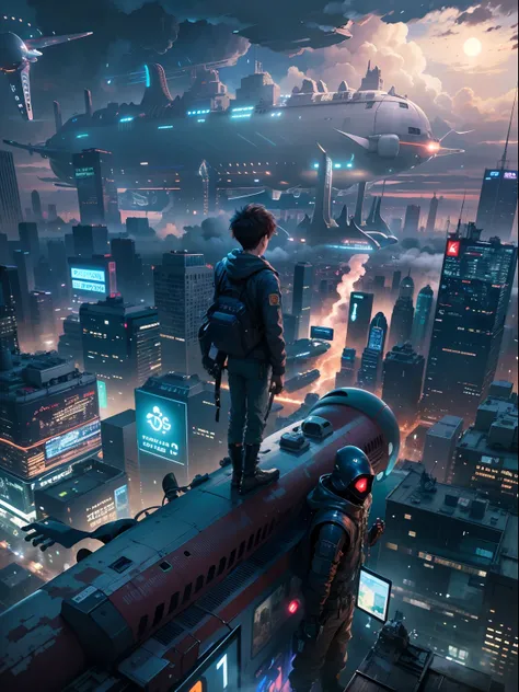 1boy,a 13 yo boy、Cyberpunk Boy、katanas,machine gun、Whole body bloody、The beginning of the adventure、Lots of clouds,heavy fog、starrysky、Moon,Chaotic city of the future、Movie dystopia、(Giant airship:1.5)、A group of very tall skyscrapers stands in the center、...